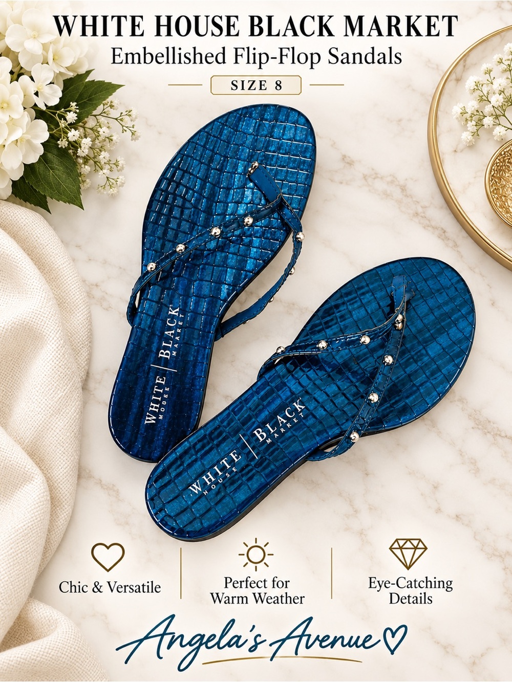 White House Black Market Blue Embellished Flip-Flop Sandals